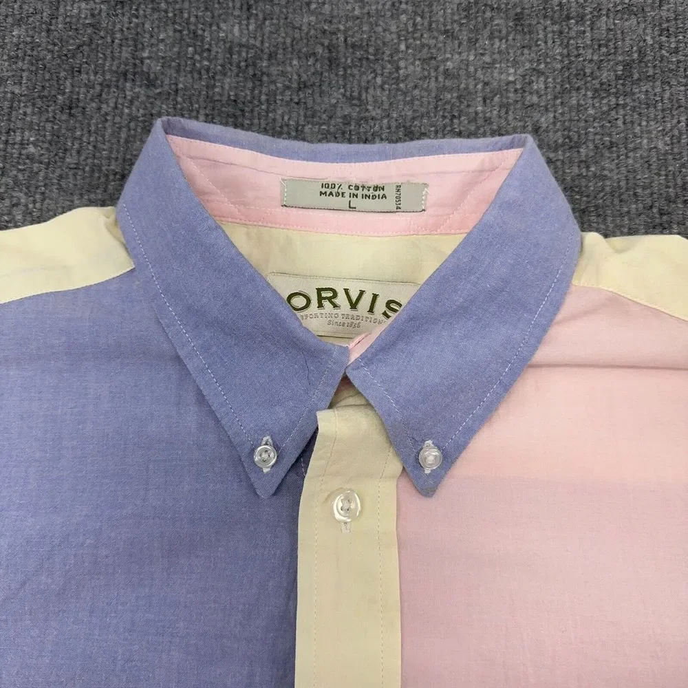 ORVIS Shirt Mens L Pink Blue Yellow Short Sleeve Button Up Colorblock Pastel VTG - Picture 3 of 8